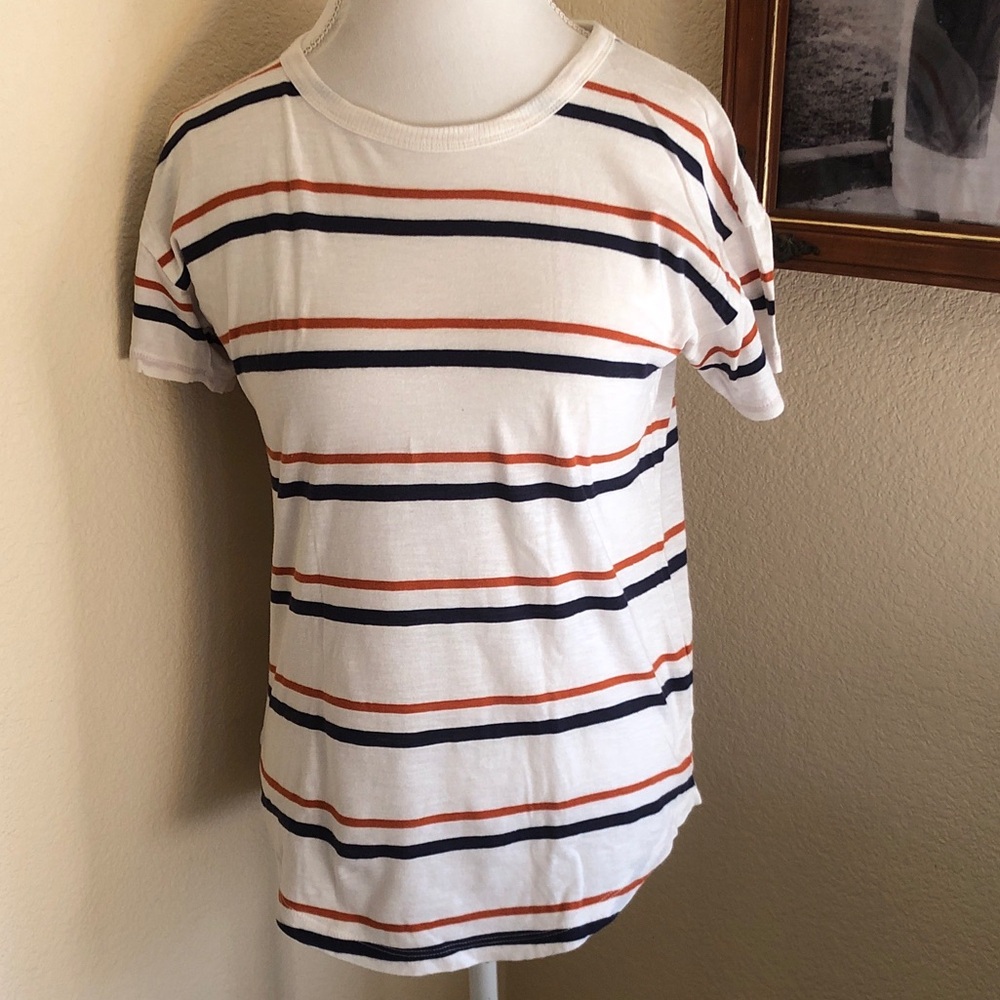 Madewell White Short Sleeve Tee with Navy & Rust Stripes